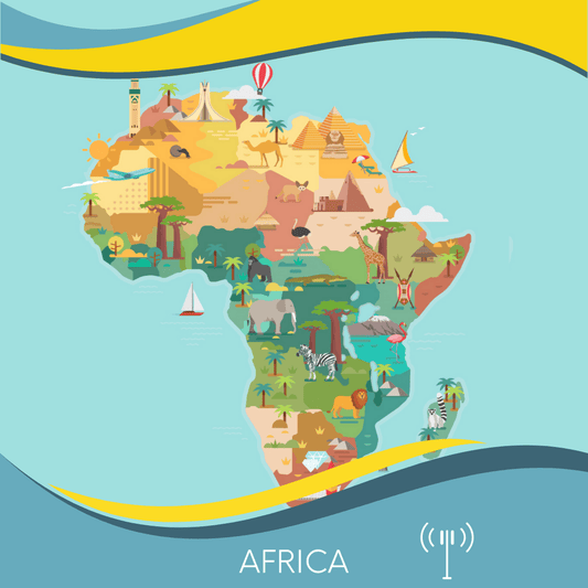 A colorful, stylized map of Africa depicting various landmarks, animals, and landscapes of the continent. Icons include pyramids, safari animals, sailboats, and tropical scenery. Ideal for Africa (25+ areas) eSim users from eSimFone.com with 3G/4G/5G speeds and hotspot shareable capabilities, set against a vibrant blue background with a banner that reads "AFRICA.