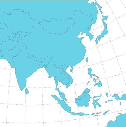A map highlighting countries in East Asia, Southeast Asia, and parts of South Asia, with regions like China, Japan, the Korean Peninsula, Indonesia, and more. Perfect for those planning to use a China (mainland + Hong Kong and Macao) eSim from eSimFone.com with 3G/4G speeds for up to 180 days usage. The map background is white.