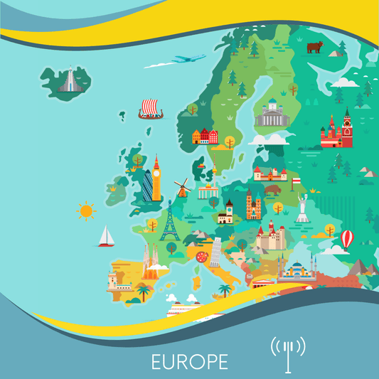 Illustrative map of Europe showing colorful landmarks like the Eiffel Tower and Big Ben, with decorative icons for cultural features and natural landscapes around, compatible with a 4G eSimFone.com Europe eSIM.
