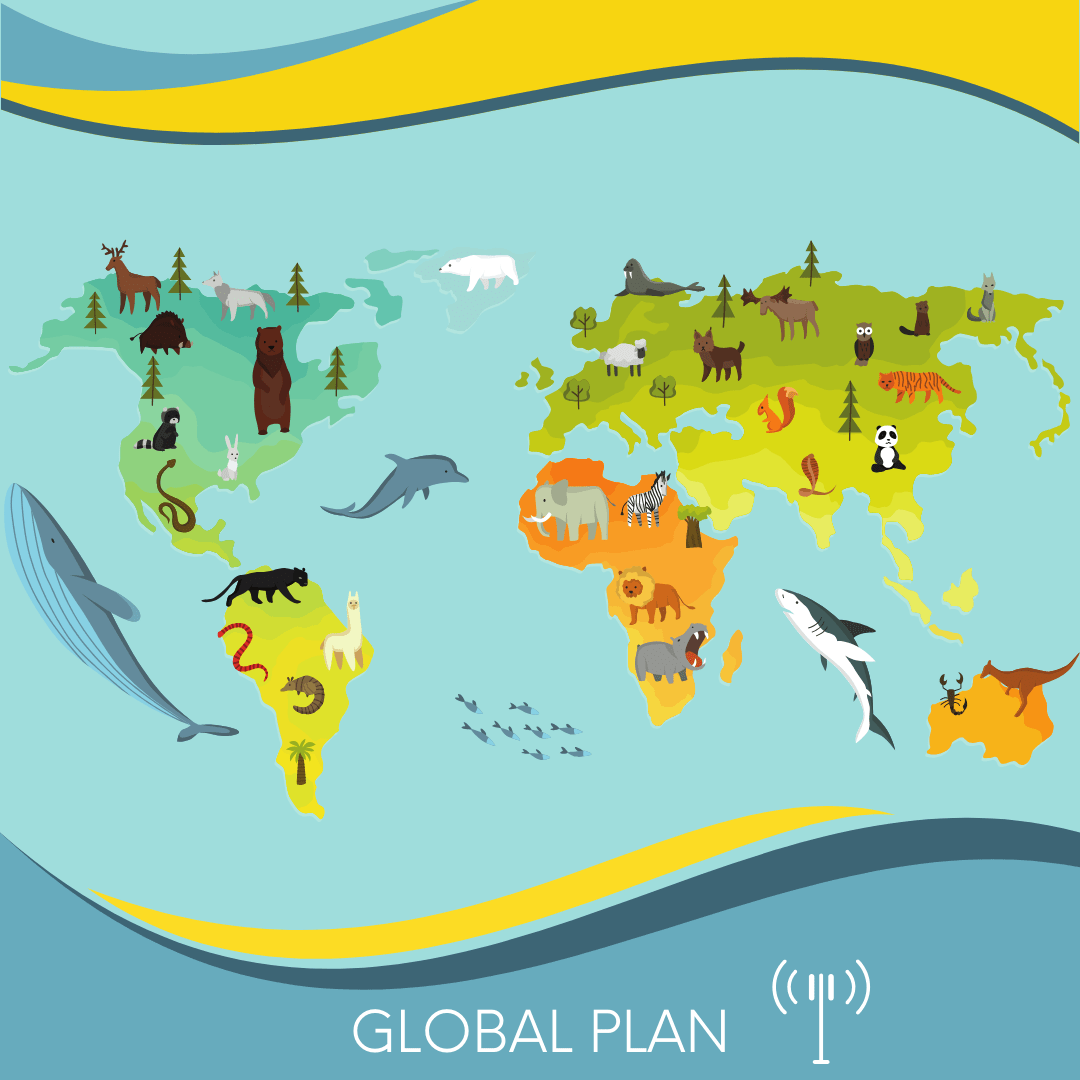 A colorful world map illustration depicting various animals on different continents, connected by a theme of global conservation, titled "Global Plan with Global Travel eSimFone.com.