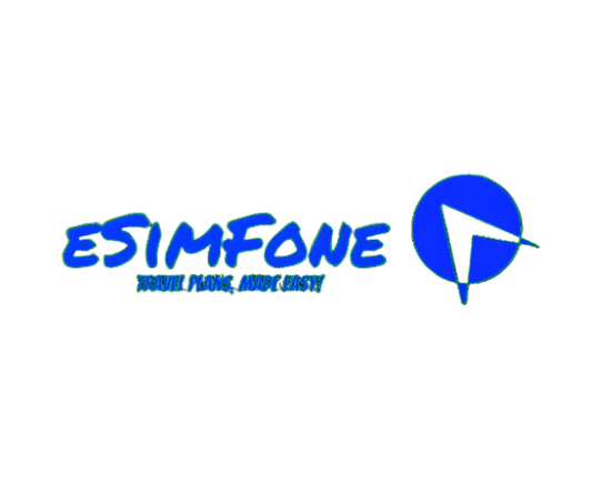 Logo of "eSimFone.com" featuring stylized blue text with the tagline "travel phone made easy" below it, and a blue and grey pie chart-style icon to the right.