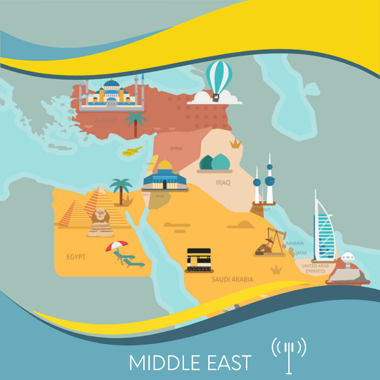 Colorful map of the Middle East highlighting iconic landmarks and symbols in countries such as Egypt, Saudi Arabia, Qatar, United Arab Emirates, Iraq, and Turkey, optimized for travelers with 4G speeds provided by eSimFone.com's Middle East (13 areas) map.