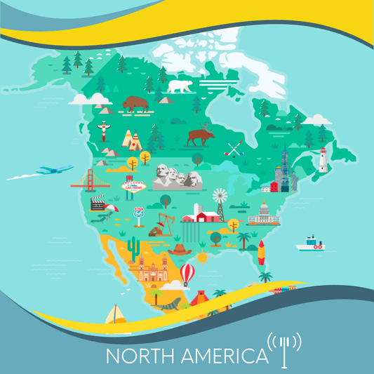 Illustrative map of North America featuring landmarks, animals, and cultural icons, presented in colorful, stylized graphics against a geographical backdrop with eSimFone.com speeds highlighted for travel roaming eSIM users.