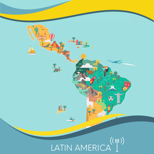 Illustrative map of South America highlighting cultural and natural landmarks such as beaches, forests, and historical sites in vibrant colors, surrounded by a blue and yellow frame with the label "South America" at the bottom. This is the South America (15+ areas) map by eSimFone.com.