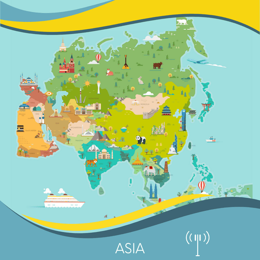 A colorful illustrated map of Asia featuring landmarks, animals, and cultural symbols from various regions. Highlights include the Great Wall of China, Mount Fuji, Indian temples, and a panda. Perfect for anyone planning their Southeast Asia travel adventure with the South East Asia eSim from eSimFone.com. The map is bordered by blue and yellow waves with "ASIA" written at the bottom.